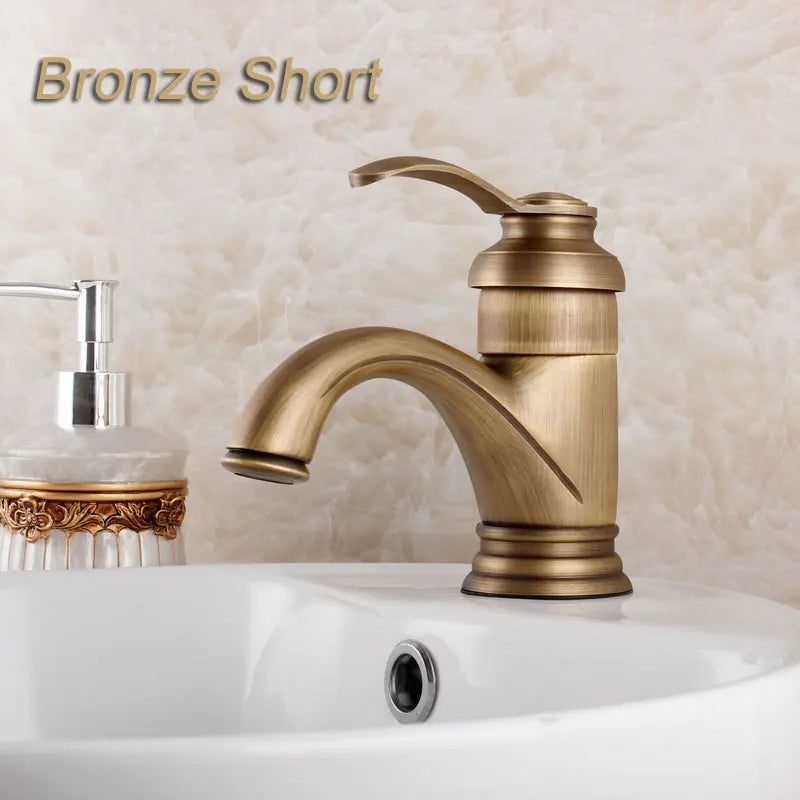 Bronze finished single hole deck mounted retro style bathroom faucet with classic curved spout and ornate single handle