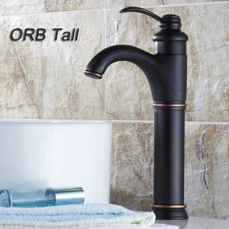 Black matte single hole deck mounted tall faucet with copper accents and curved spout single handle orb tall model