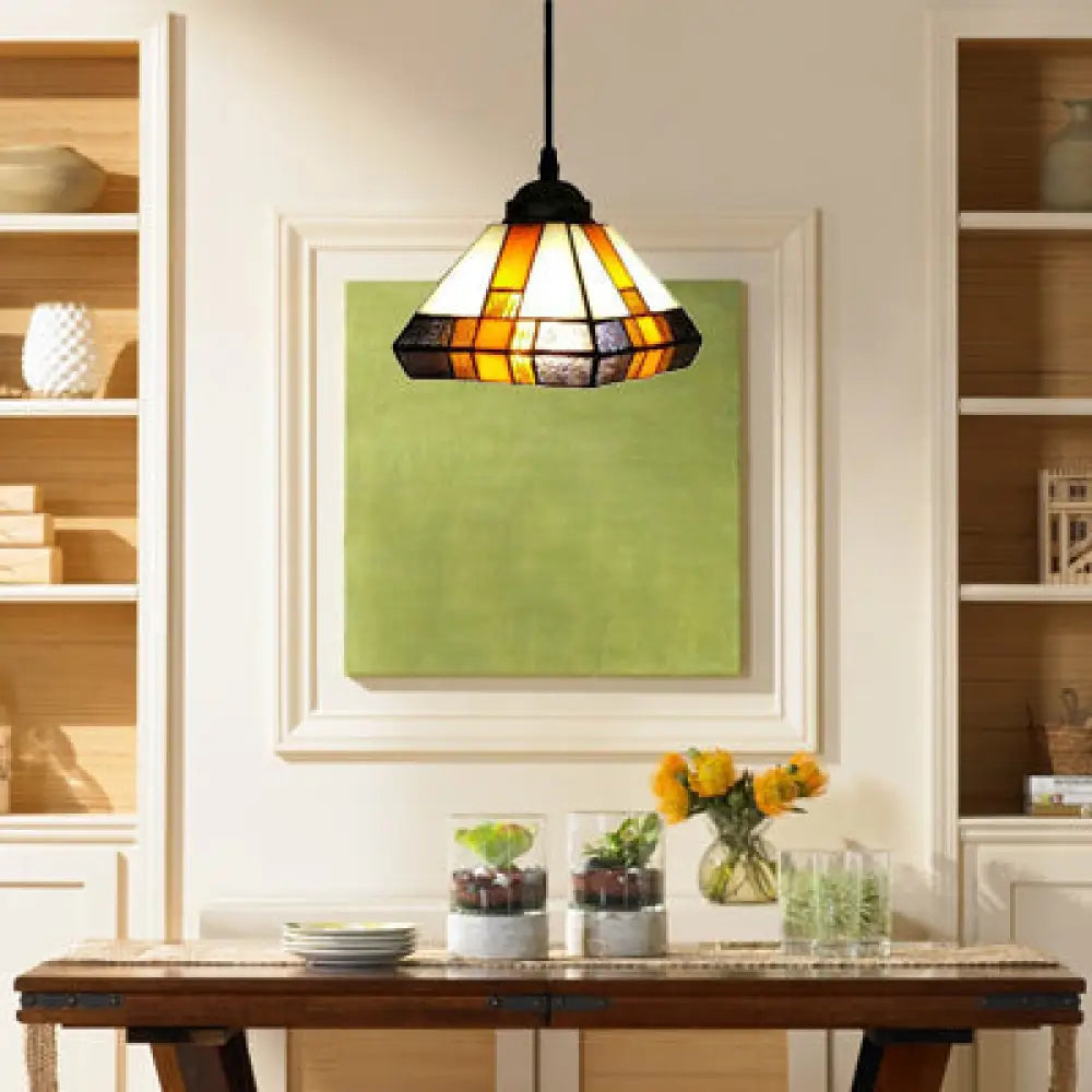 Single Light Tiffany Stained Glass Pendant Lamp for Dining Room - Geometric Brown Fixture