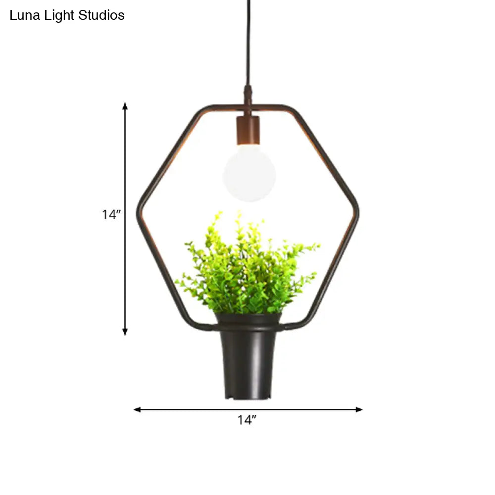 Single Plant Pendant Light Fixture - Rustic Iron Hanging Lamp in Black (Triangle/Square/Oval)