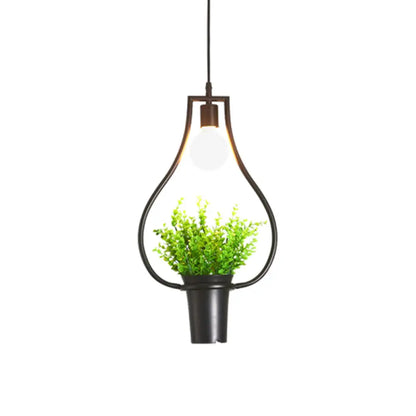 Single Plant Pendant Light Fixture - Rustic Iron Hanging Lamp in Black (Triangle/Square/Oval)