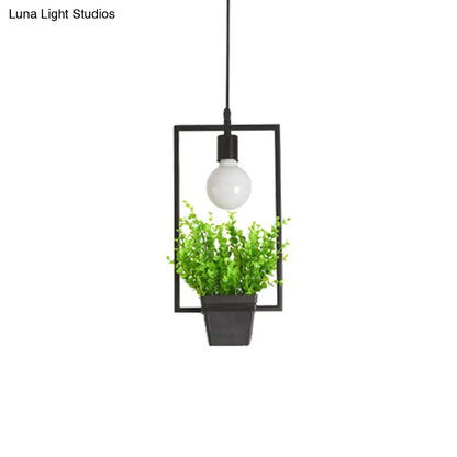 Single Plant Pendant Light Fixture - Rustic Iron Hanging Lamp in Black (Triangle/Square/Oval)