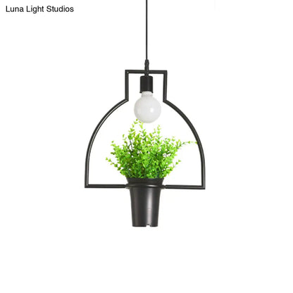 Single Plant Pendant Light Fixture - Rustic Iron Hanging Lamp in Black (Triangle/Square/Oval)