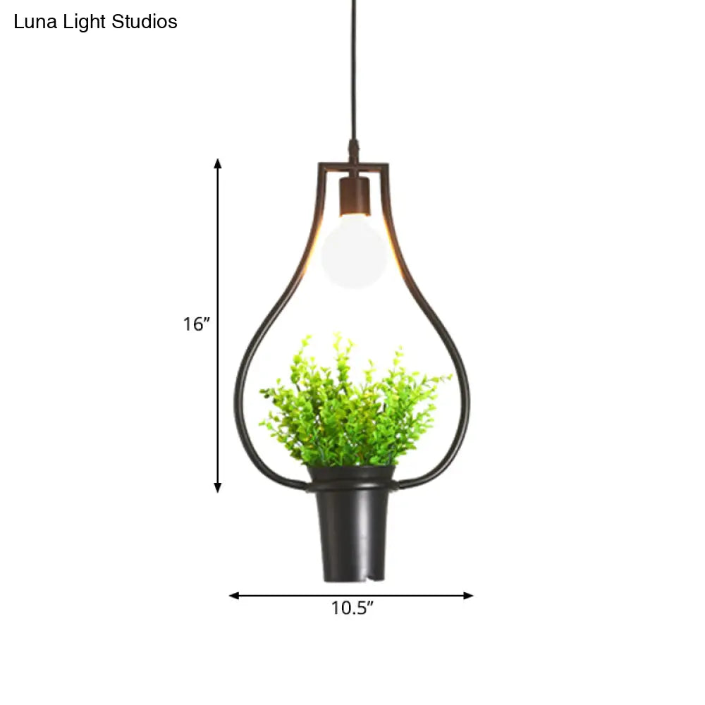 Single Plant Pendant Light Fixture - Rustic Iron Hanging Lamp in Black (Triangle/Square/Oval)