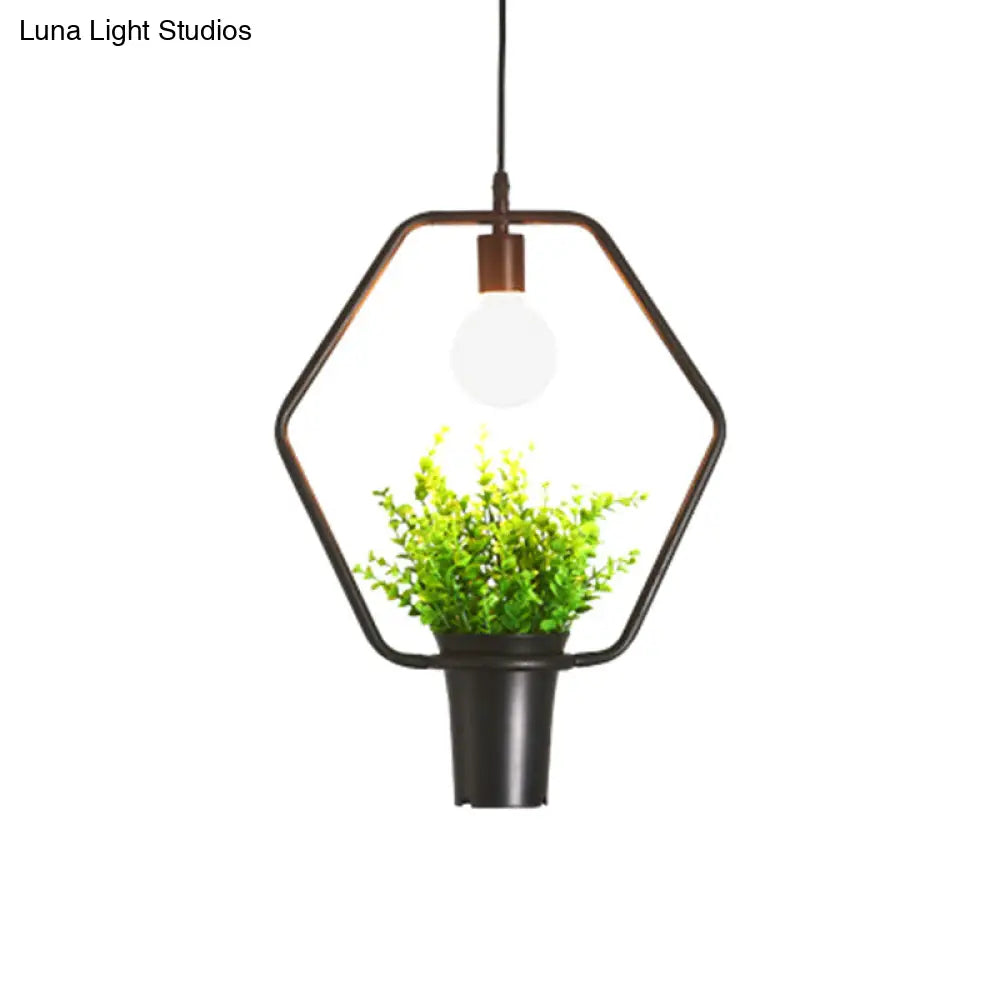 Single Plant Pendant Light Fixture - Rustic Iron Hanging Lamp in Black (Triangle/Square/Oval)