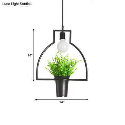 Single Plant Pendant Light Fixture - Rustic Iron Hanging Lamp in Black (Triangle/Square/Oval)