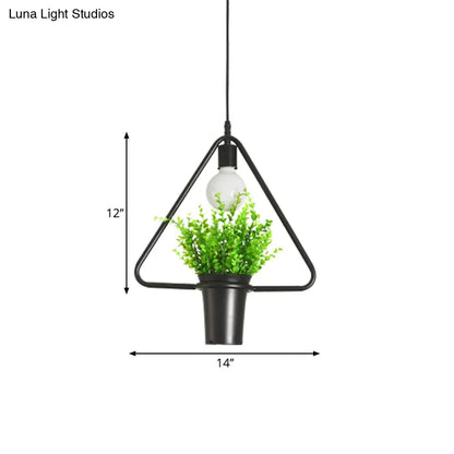 Single Plant Pendant Light Fixture - Rustic Iron Hanging Lamp in Black (Triangle/Square/Oval)