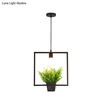 Single Plant Pendant Light Fixture - Rustic Iron Hanging Lamp in Black (Triangle/Square/Oval)