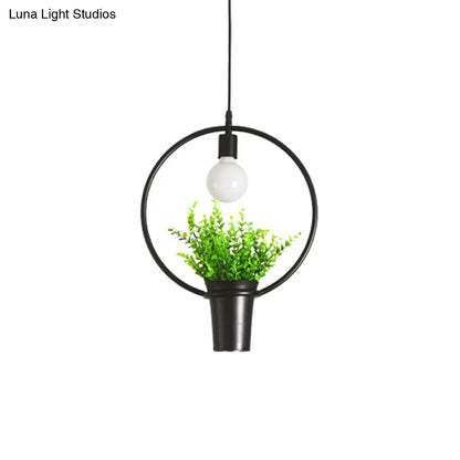 Single Plant Pendant Light Fixture - Rustic Iron Hanging Lamp in Black (Triangle/Square/Oval)