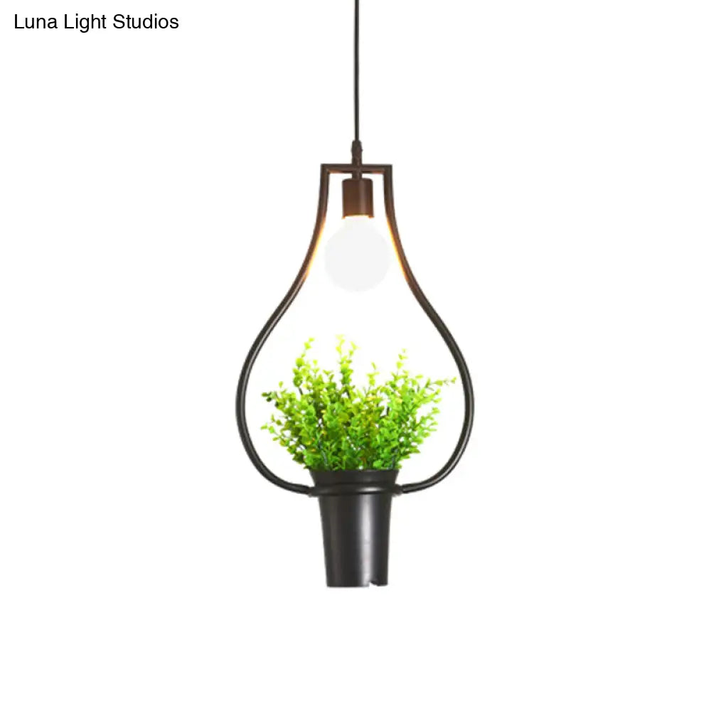 Single Plant Pendant Light Fixture - Rustic Iron Hanging Lamp in Black (Triangle/Square/Oval)