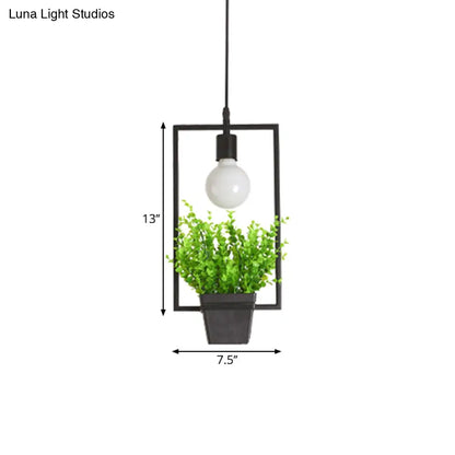 Single Plant Pendant Light Fixture - Rustic Iron Hanging Lamp in Black (Triangle/Square/Oval)