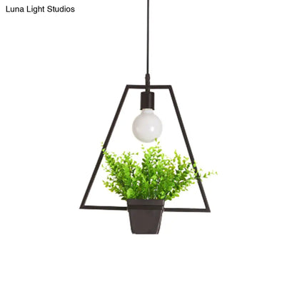 Single Plant Pendant Light Fixture - Rustic Iron Hanging Lamp in Black (Triangle/Square/Oval)