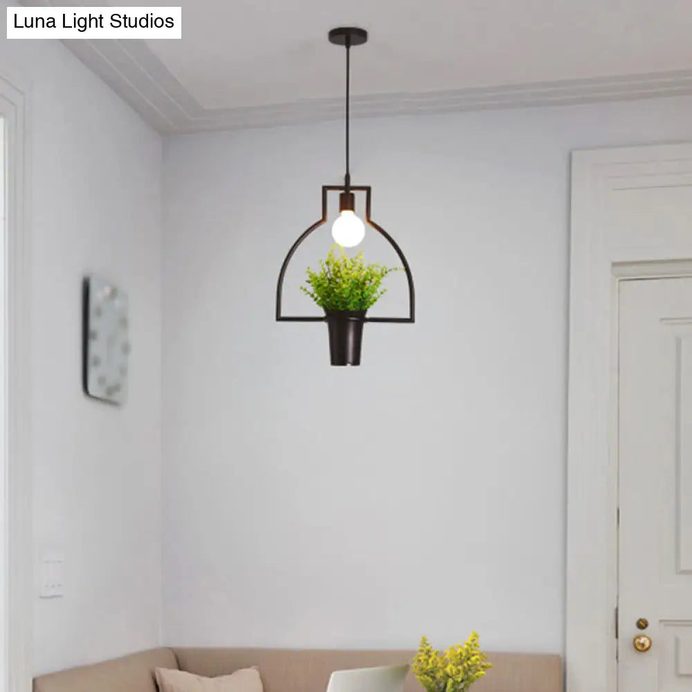 Single Plant Pendant Light Fixture - Rustic Iron Hanging Lamp in Black (Triangle/Square/Oval)