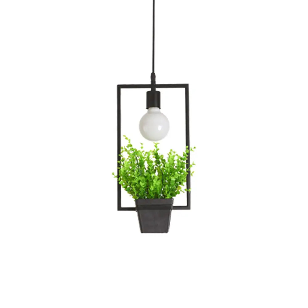 Single Plant Pendant Light Fixture - Rustic Iron Hanging Lamp in Black (Triangle/Square/Oval)