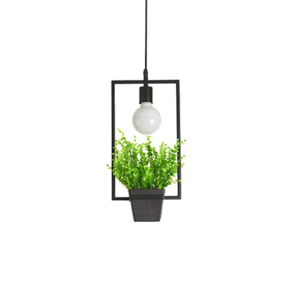 Single Plant Pendant Light Fixture - Rustic Iron Hanging Lamp in Black (Triangle/Square/Oval)