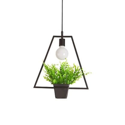 Single Plant Pendant Light Fixture - Rustic Iron Hanging Lamp in Black (Triangle/Square/Oval)