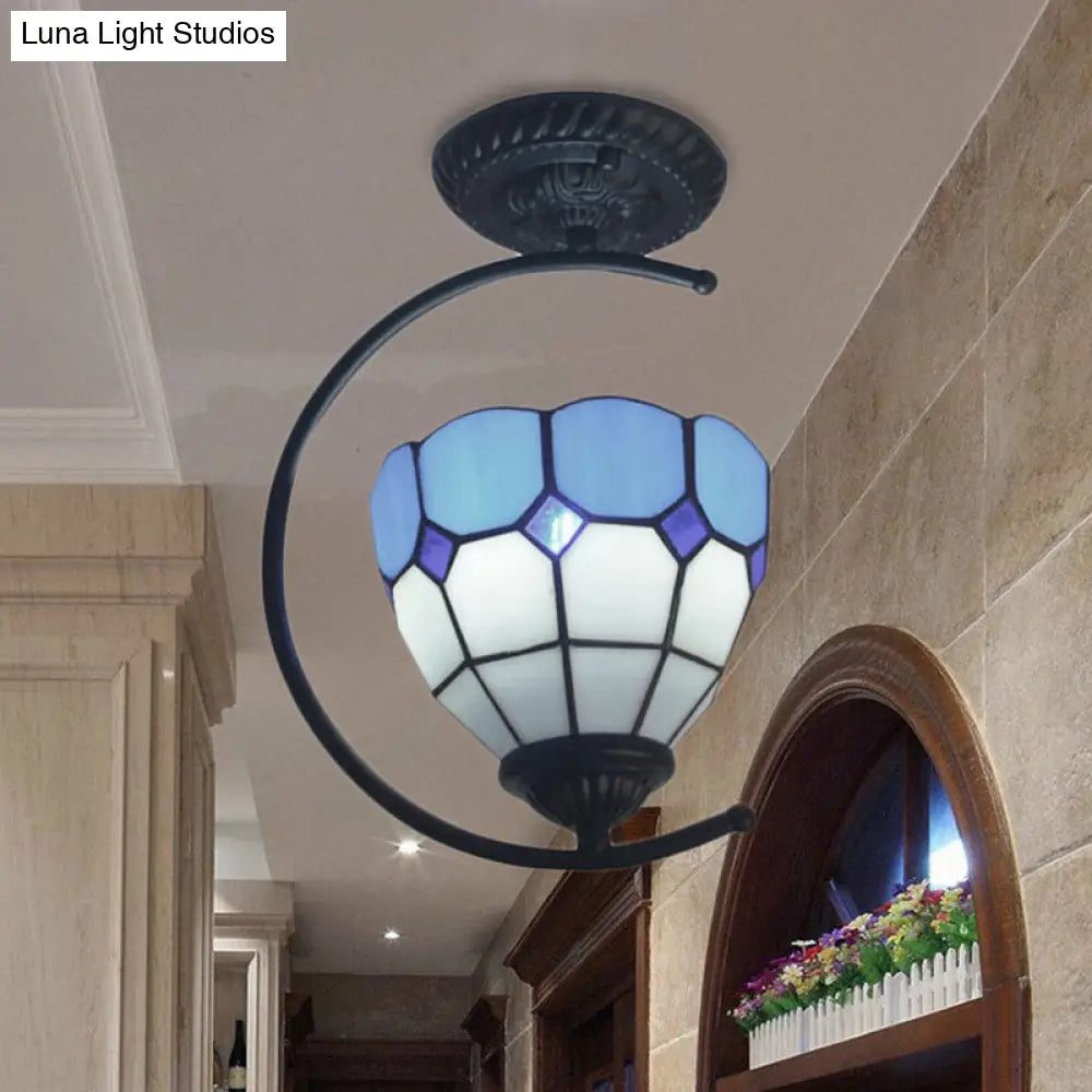 DecorBites™ DecorBites™ Sky Blue Tiffany Glass Semi Flushmount Ceiling Lamp - Bedroom Grid Dome Art Light
