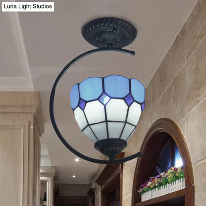 DecorBites™ DecorBites™ Sky Blue Tiffany Glass Semi Flushmount Ceiling Lamp - Bedroom Grid Dome Art Light