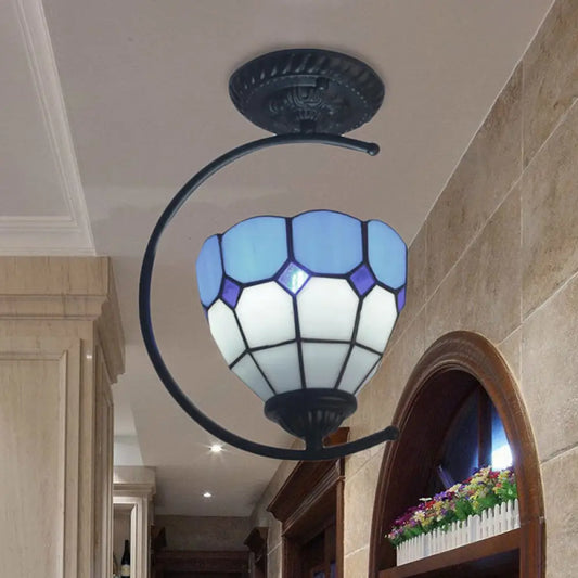 DecorBites™ DecorBites™ Sky Blue Tiffany Glass Semi Flushmount Ceiling Lamp - Bedroom Grid Dome Art Light