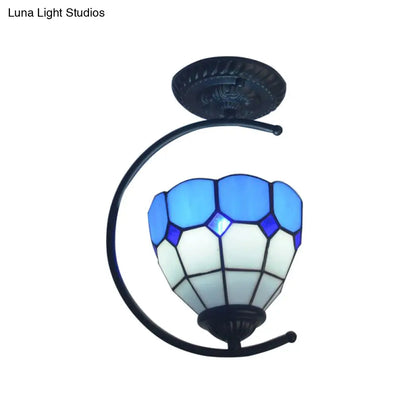 DecorBites™ DecorBites™ Sky Blue Tiffany Glass Semi Flushmount Ceiling Lamp - Bedroom Grid Dome Art Light