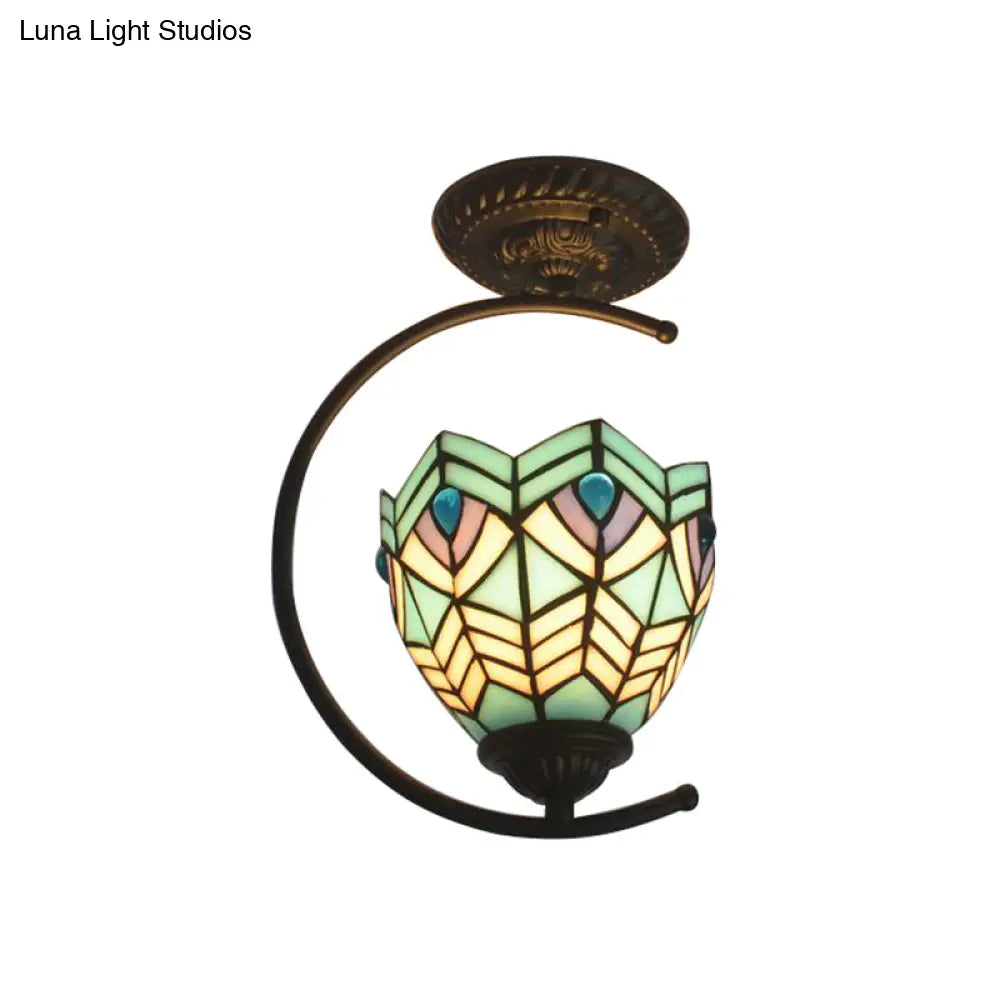 DecorBites™ DecorBites™ Sky Blue Tiffany Glass Semi Flushmount Ceiling Lamp - Bedroom Grid Dome Art Light