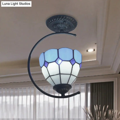 DecorBites™ DecorBites™ Sky Blue Tiffany Glass Semi Flushmount Ceiling Lamp - Bedroom Grid Dome Art Light
