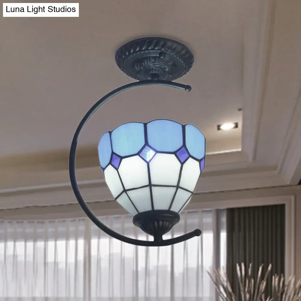 DecorBites™ DecorBites™ Sky Blue Tiffany Glass Semi Flushmount Ceiling Lamp - Bedroom Grid Dome Art Light