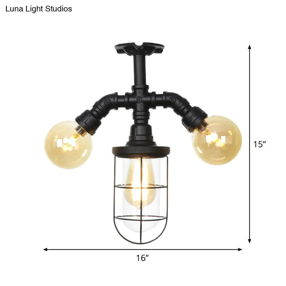 Sleek 3-Head Foyer Semi Flush Mount in Black with Clear Glass Ball/Capsule and Cage