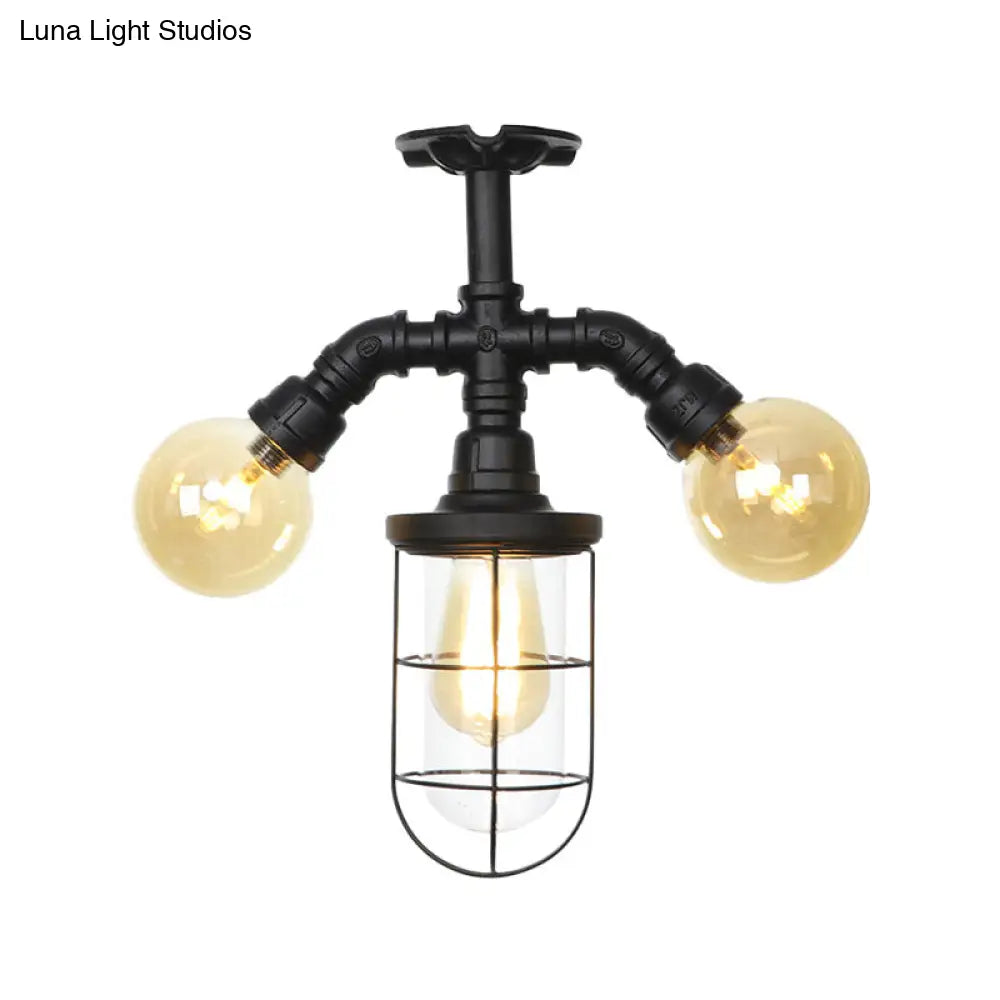 Sleek 3-Head Foyer Semi Flush Mount in Black with Clear Glass Ball/Capsule and Cage