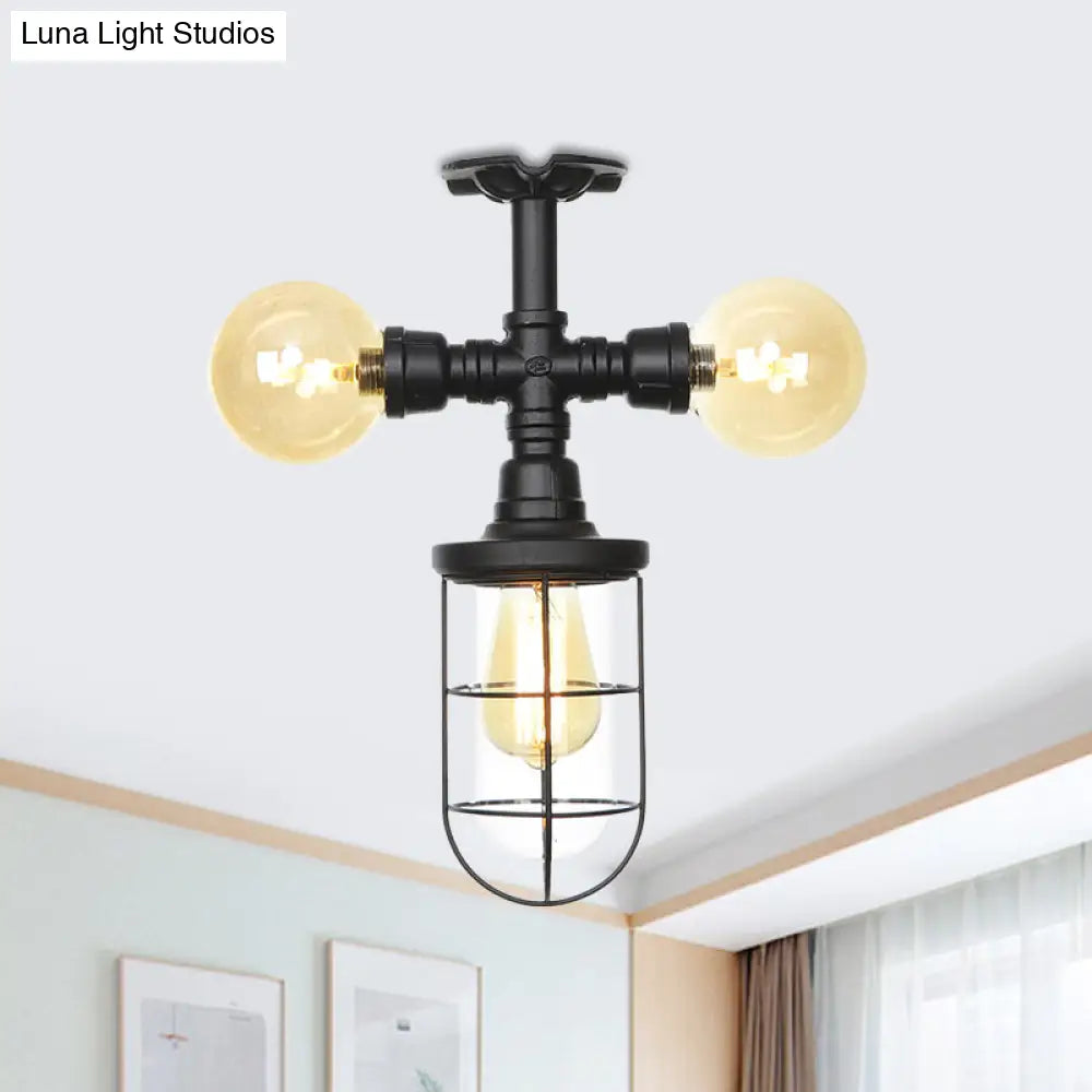 Sleek 3-Head Foyer Semi Flush Mount in Black with Clear Glass Ball/Capsule and Cage