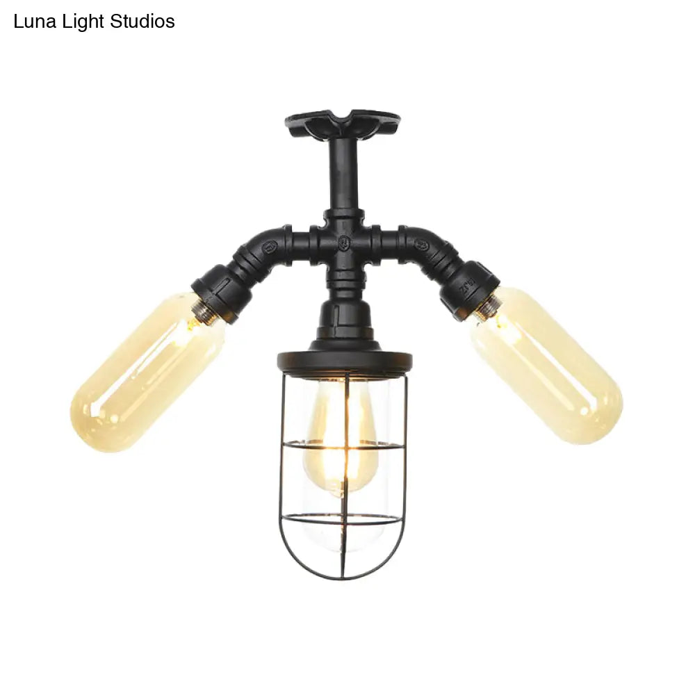 Sleek 3-Head Foyer Semi Flush Mount in Black with Clear Glass Ball/Capsule and Cage