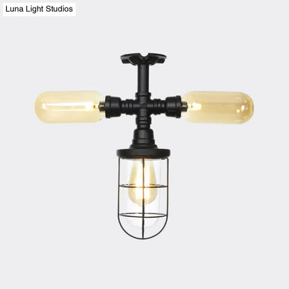 Sleek 3-Head Foyer Semi Flush Mount in Black with Clear Glass Ball/Capsule and Cage