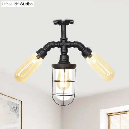 Sleek 3-Head Foyer Semi Flush Mount in Black with Clear Glass Ball/Capsule and Cage