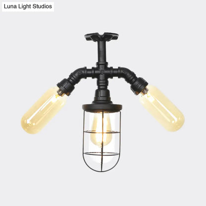 Sleek 3-Head Foyer Semi Flush Mount in Black with Clear Glass Ball/Capsule and Cage