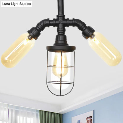 Sleek 3-Head Foyer Semi Flush Mount in Black with Clear Glass Ball/Capsule and Cage