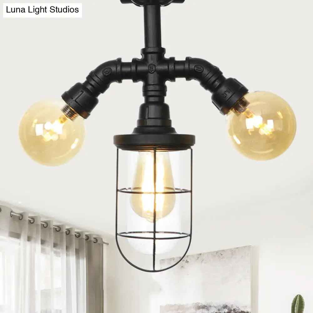 Sleek 3-Head Foyer Semi Flush Mount in Black with Clear Glass Ball/Capsule and Cage