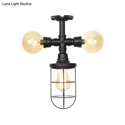 Sleek 3-Head Foyer Semi Flush Mount in Black with Clear Glass Ball/Capsule and Cage