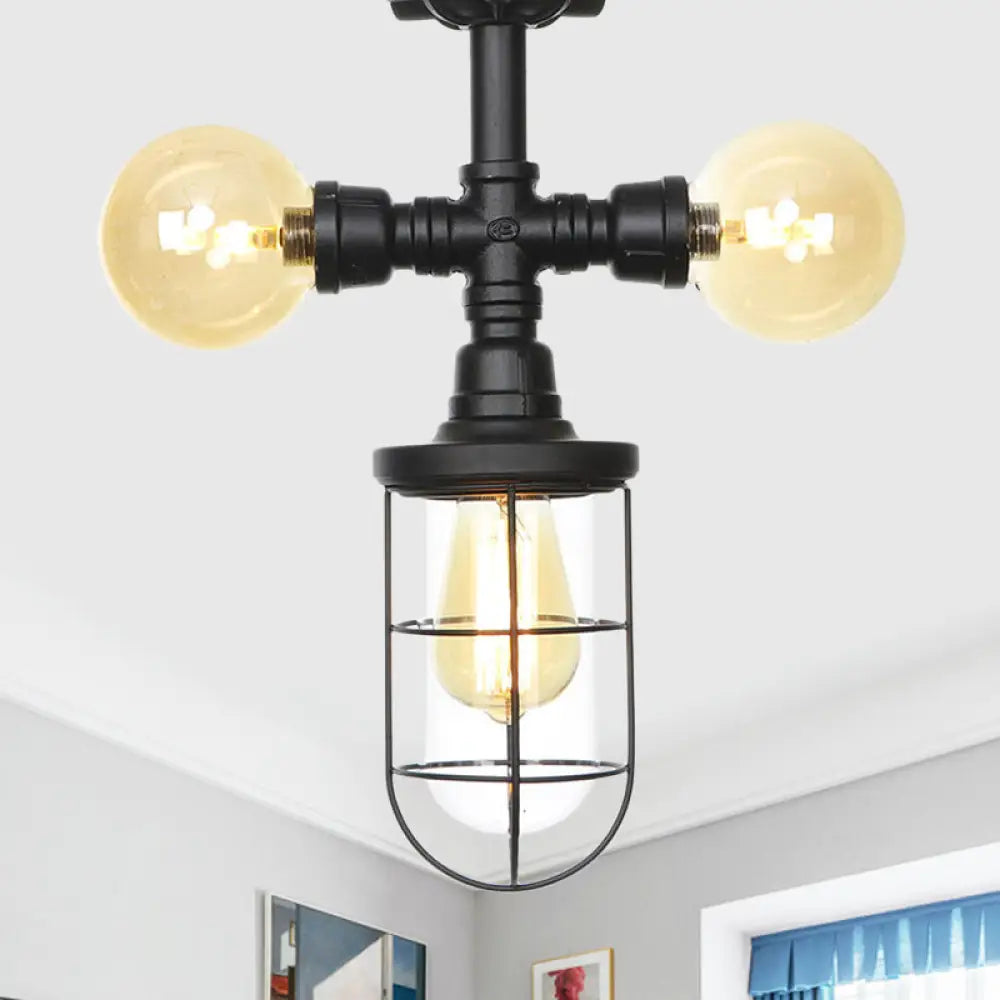 Sleek 3-Head Foyer Semi Flush Mount in Black with Clear Glass Ball/Capsule and Cage