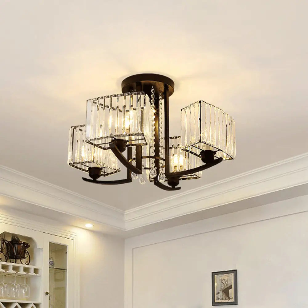 DecorBites™ DecorBites™ Sleek 5-Head Black Cuboid Semi Flush Ceiling Chandelier with Clear Crystal Shade - Simple Style