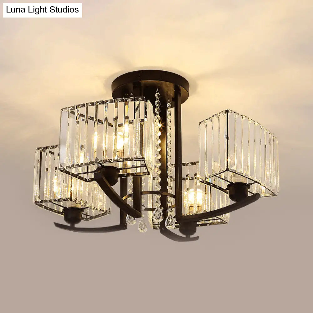 DecorBites™ DecorBites™ Sleek 5-Head Black Cuboid Semi Flush Ceiling Chandelier with Clear Crystal Shade - Simple Style
