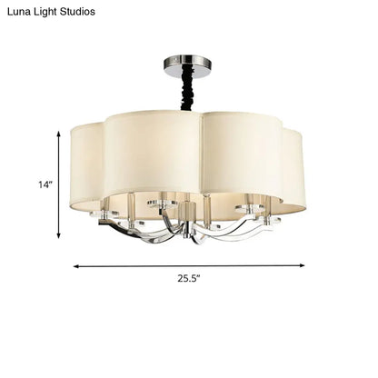 Elegante lámpara de araña de dormitorio de 6 luces con forma de tambor, detalles de cristal, estructura metálica y pantalla de tela.