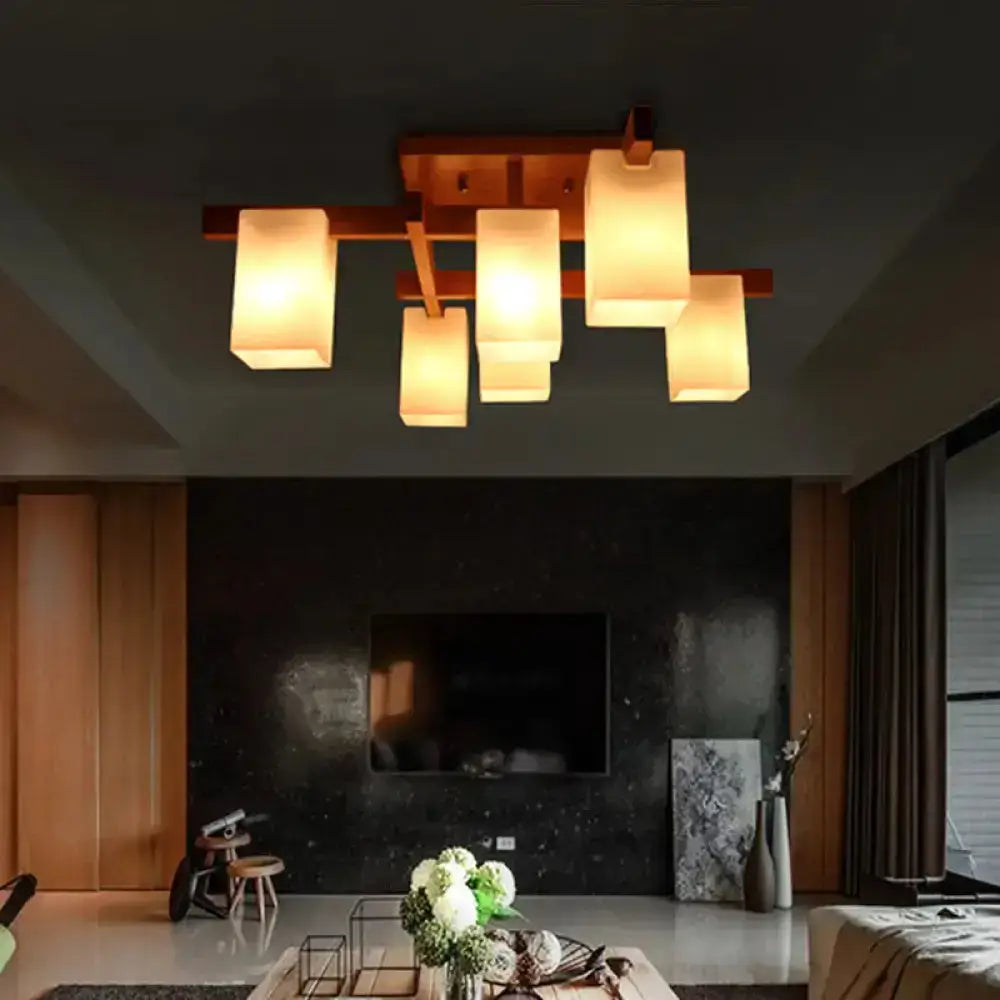 DecorBites™ DecorBites™ Sleek 6-Light Frosted Glass Cuboid Ceiling Light with Wood Arm