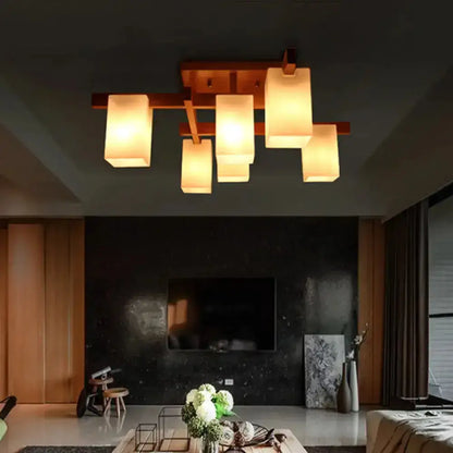 DecorBites™ DecorBites™ Sleek 6-Light Frosted Glass Cuboid Ceiling Light with Wood Arm