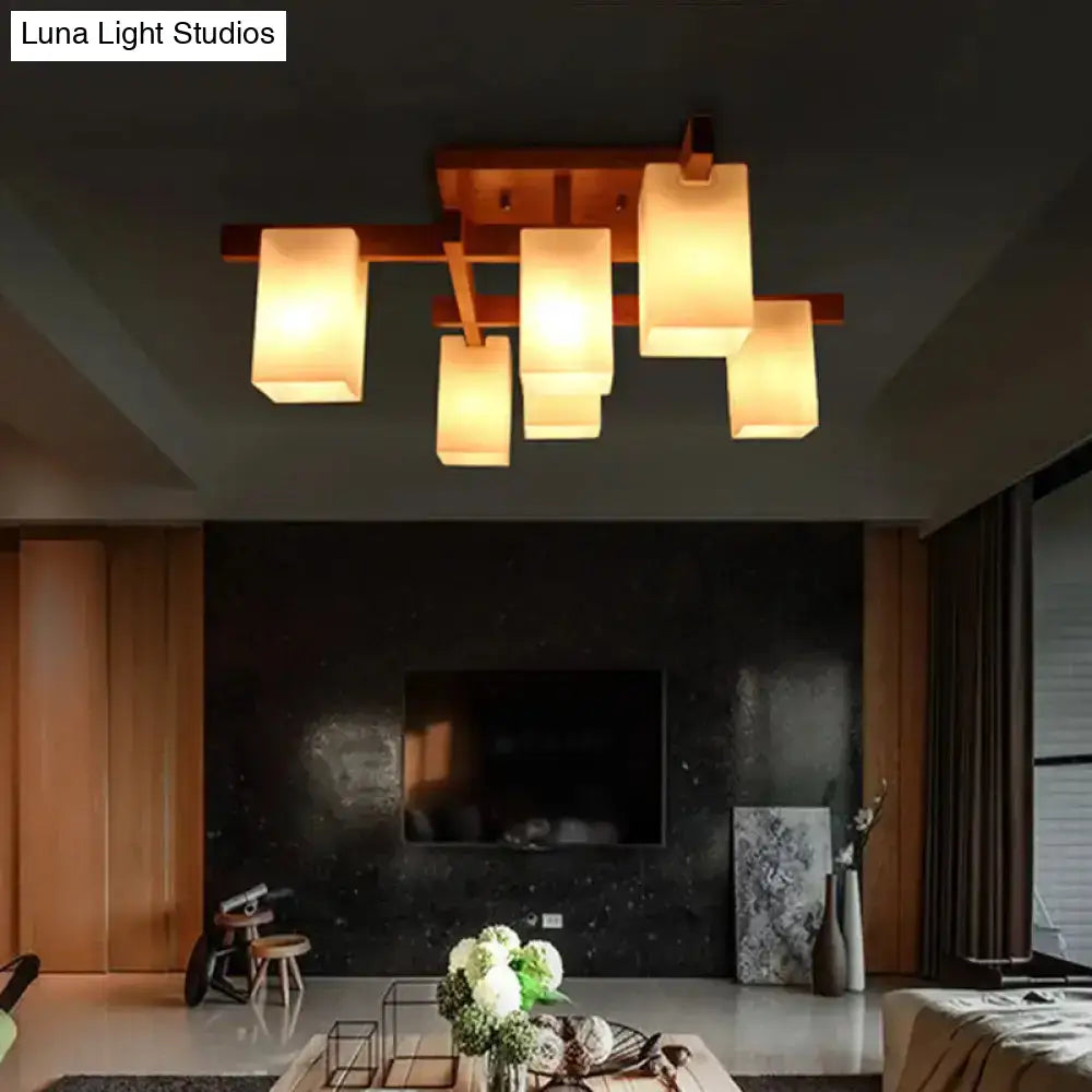 DecorBites™ DecorBites™ Sleek 6-Light Frosted Glass Cuboid Ceiling Light with Wood Arm