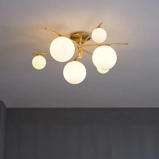 DecorBites™ DecorBites™ Sleek 6-Light Gold Sputnik Semi Flush Mount Ceiling Lamp with White Glass Ball Shade