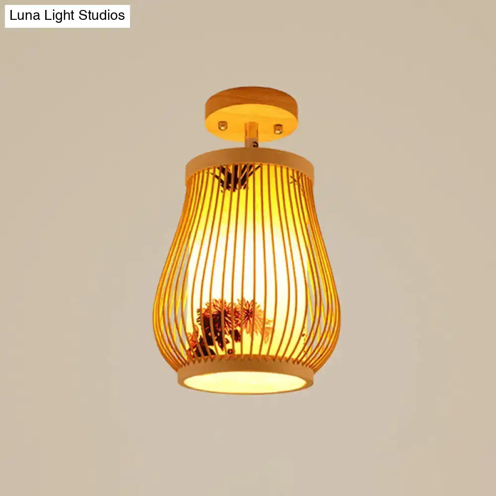 DecorBites™ Lámpara de techo semiempotrada geométrica de bambú asiático elegante con acabado de madera