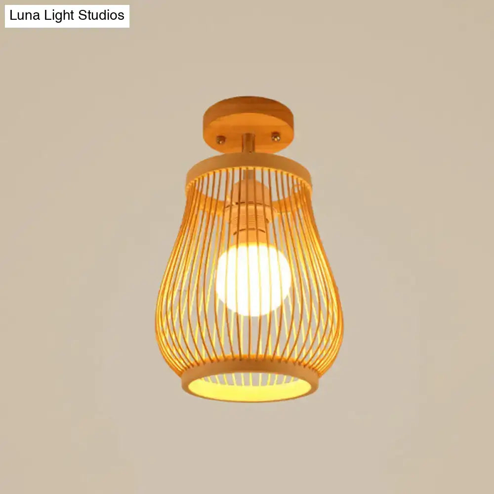 DecorBites™ Lámpara de techo semiempotrada geométrica de bambú asiático elegante con acabado de madera