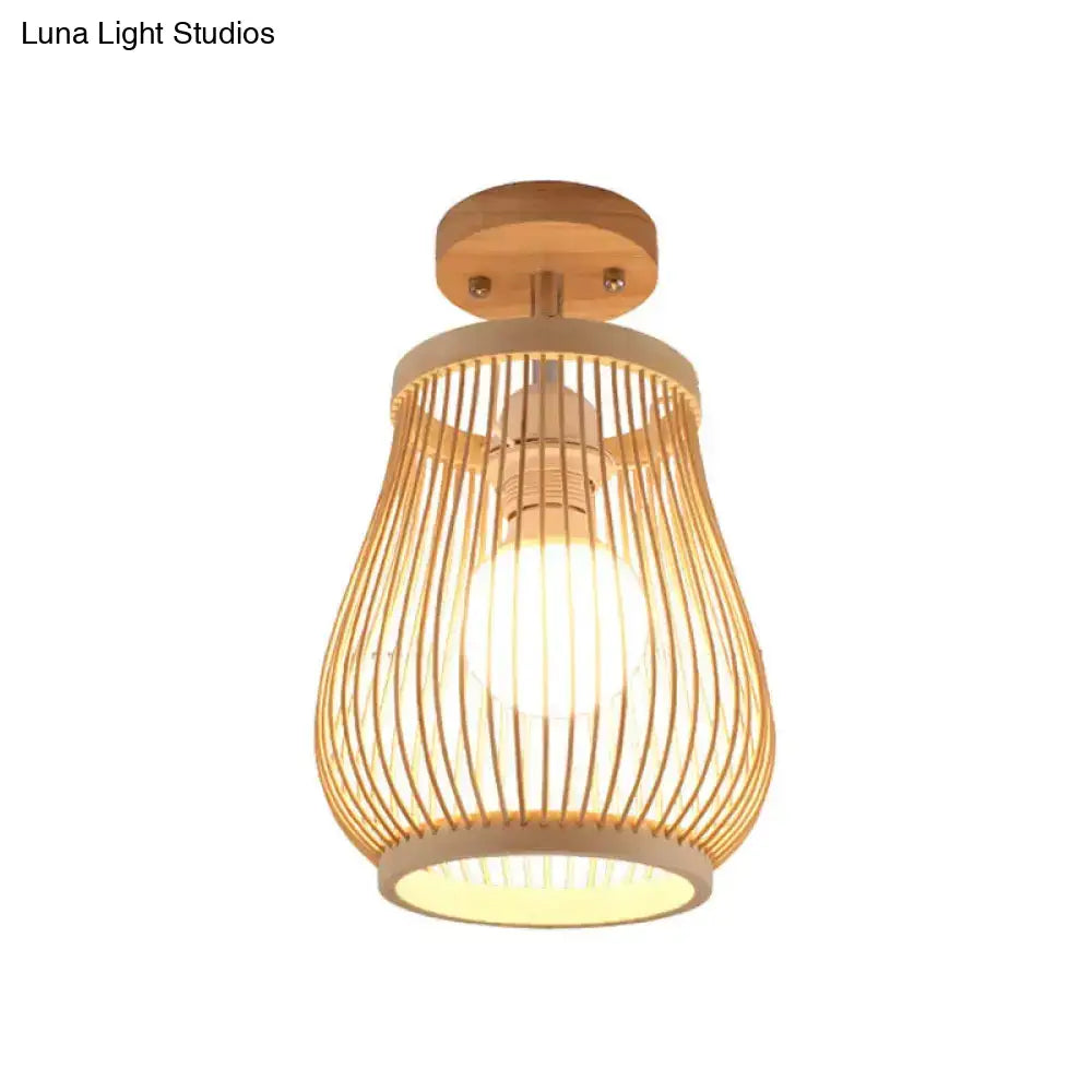 DecorBites™ Lámpara de techo semiempotrada geométrica de bambú asiático elegante con acabado de madera