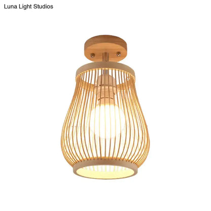 DecorBites™ Lámpara de techo semiempotrada geométrica de bambú asiático elegante con acabado de madera