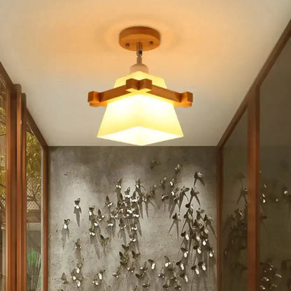 DecorBites™ Lámpara de techo semiempotrada geométrica de bambú asiático elegante con acabado de madera